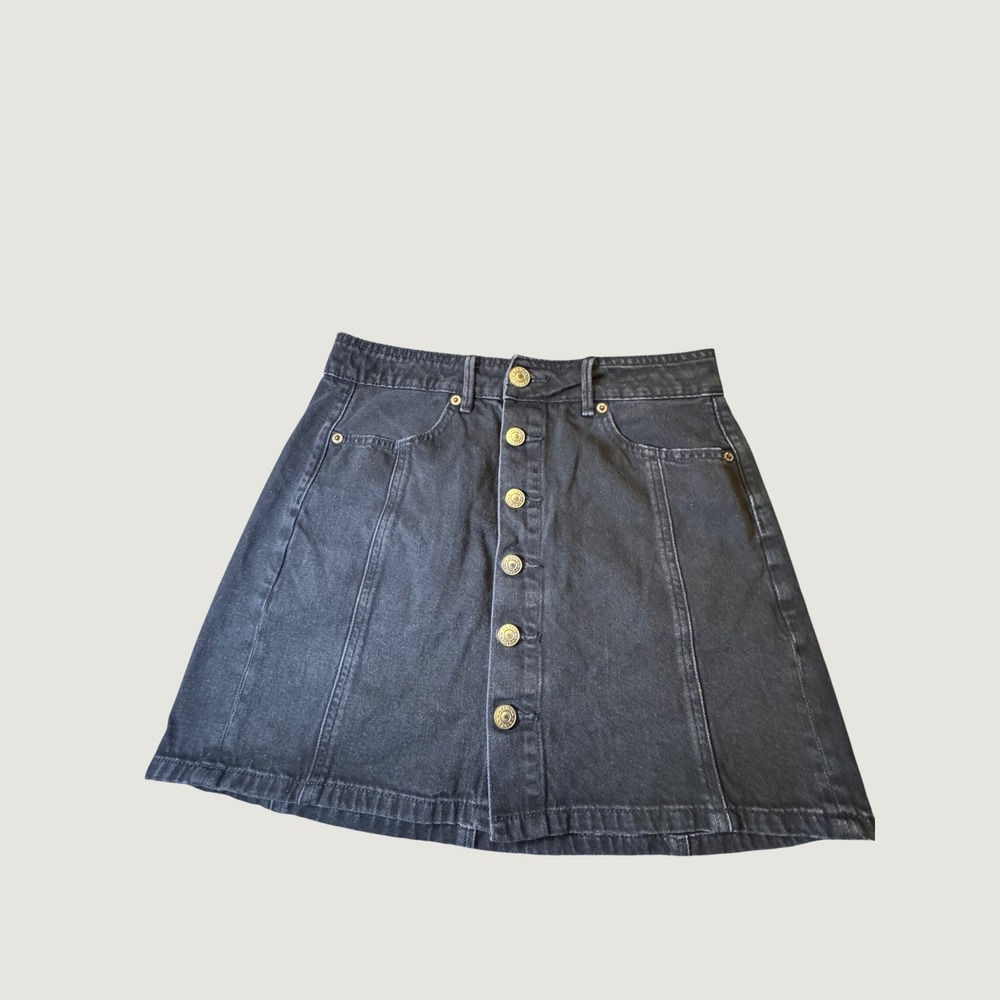 American Eagle Black Denim Mini Skirt Button Front A-Line Stretch Size 2